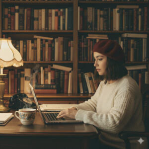 ビビッときた事をPCに向かってブログ記事に書いている女性